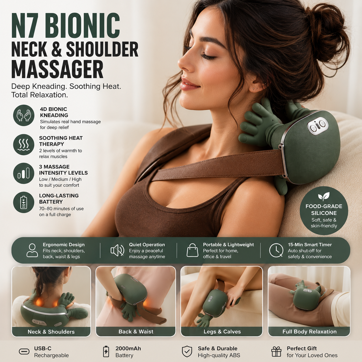 Bionic Neck & Shoulder Massager - 3 Level Kneading Massage Pillow for Neck, Back, Waist & Leg Relief
