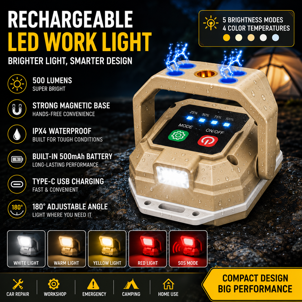 Rechargeable COB LED Work Light - Magnetic Waterproof Inspection Lamp for Repairs, Workshops & Emergencies