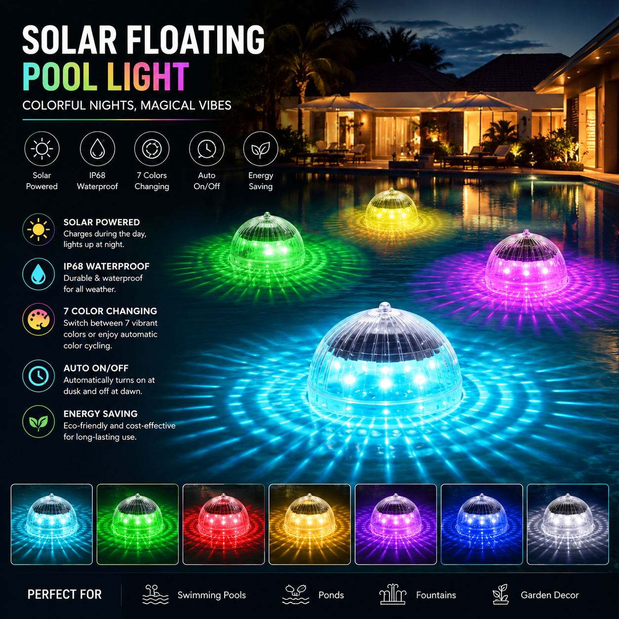 Solar Floating Pool Lights - Waterproof Color Changing LED Water Lamps for Pools, Ponds & Gardens